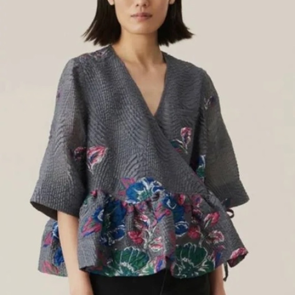 Ganni Silver Structured Jacquard Tie Wrap Low Cut Sharkskin Embroidered Blouse